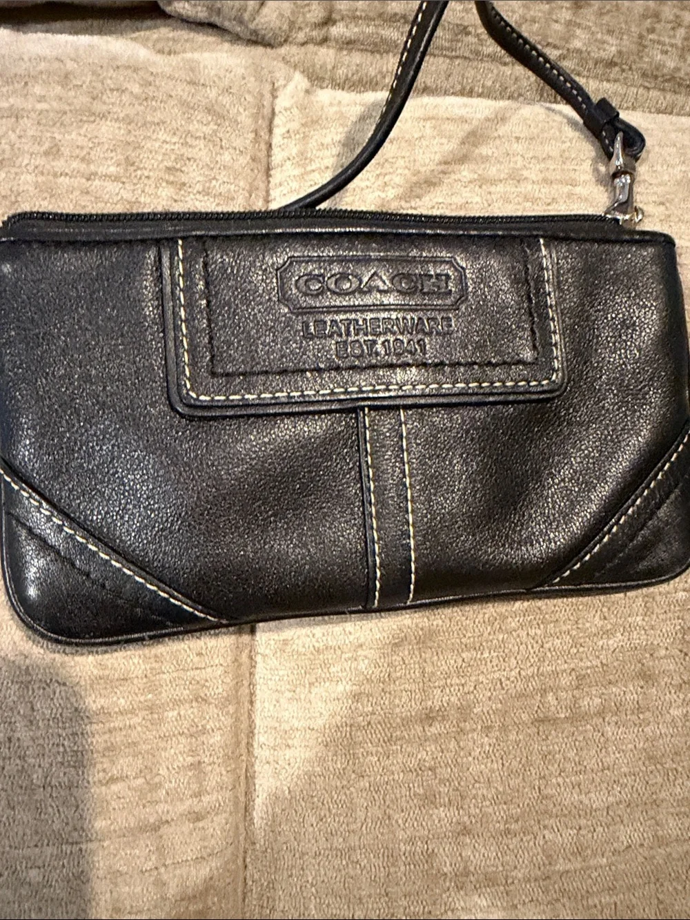 Coach Black Leather Zip Wristlet with Contrast Stitching